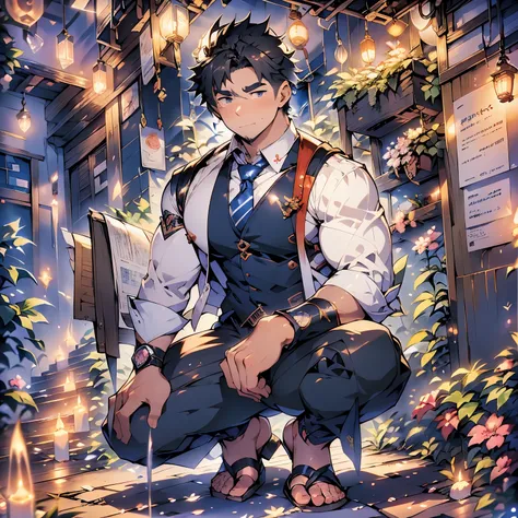 Highest quality、High resolution、８K、Japanese anime-like illustrations、Very handsome grown man、（detailed face）、（detailed eyes）、A fantastic atmosphere、Wearing a white shirt、Navy blue tie、Wearing black trousers、Crouching in sandals、A very handsome young man wi...