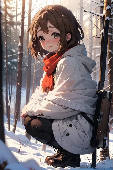 yuihirasawa, Yui Hirasawa, short hair, Brown Hair, hair ornaments, (Brown eyes:1.5), Hair Clip、smile,smile,blush,White Breath,
Open your mouth,snow,Ground bonfire,, Outdoor, boots, snowing, From the side, wood, suitcase, Cape, Blurred, , forest, White hand...