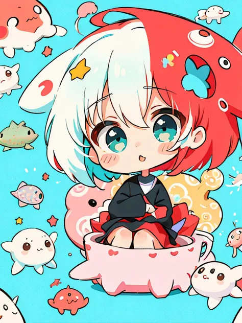 Black Star Red and White style、Kawaii Design, The most beautiful girl of all time、chibi, (((Cute and colorful amoeba))), (((トイレ)))