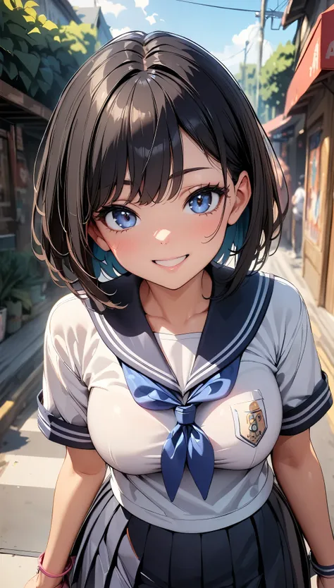 (Highest quality:1.2, 4K, 8K, Very detailed, Latest, Vibrant, High detail, masterpiece:1.2, Highest quality, Best aesthetics), (((1 Girl))), JK, Sailor suit, Pleated skirt, Open your mouth slightly:1.2, smile, (Black Hair, short hair), Dynamic Angle, Frien...