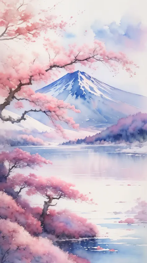 (masterpiece:1.2, highest quality),(very detailed),(((watercolor))),8k,wallpaper,japanese landscape,fuji mountain,lake yamanaka,...