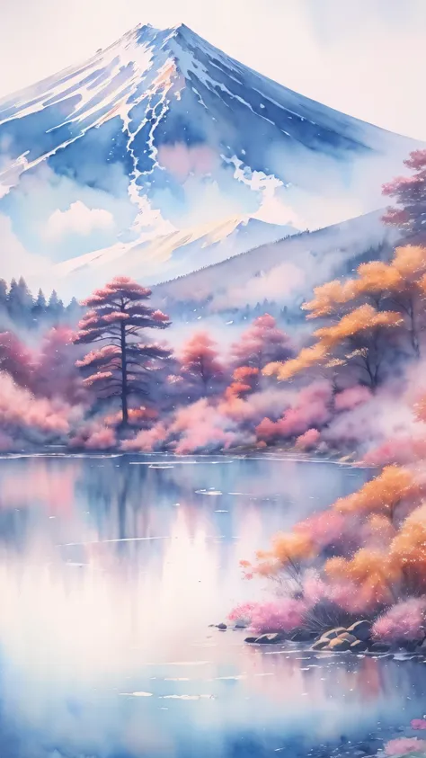 (masterpiece:1.2, highest quality),(very detailed),(((watercolor))),8k,wallpaper,japanese landscape,fuji mountain,lake yamanaka,...