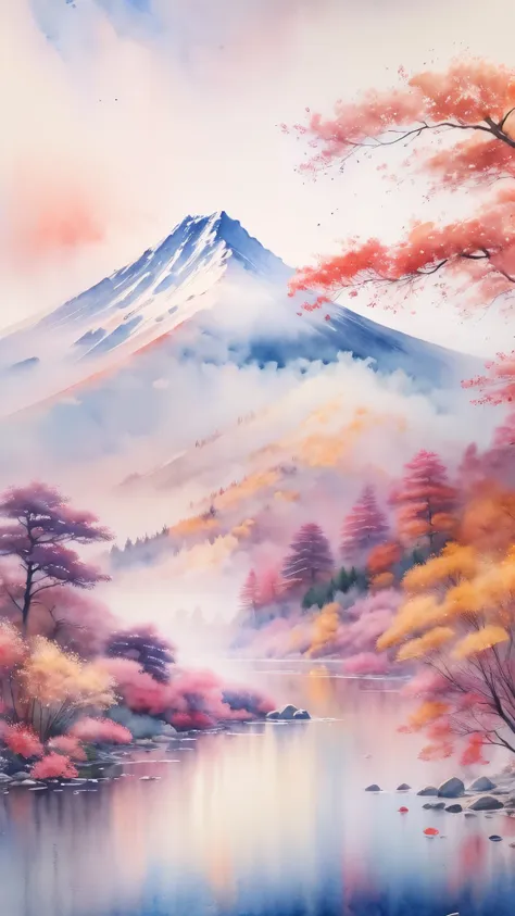 (masterpiece:1.2, highest quality),(very detailed),(((watercolor))),8k,wallpaper,japanese landscape,fuji mountain,lake yamanaka,...