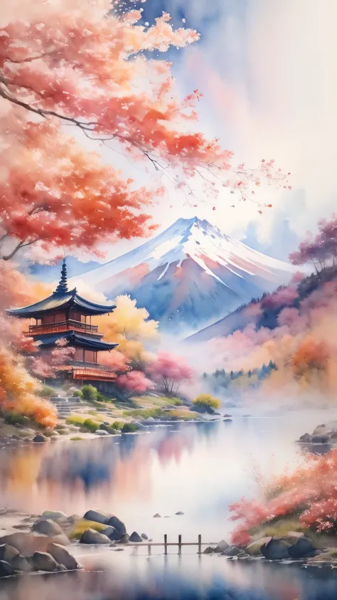 (masterpiece:1.2, highest quality),(very detailed),(((watercolor))),8k,wallpaper,japanese landscape,fuji mountain,lake yamanaka,...