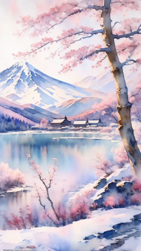 (masterpiece:1.2, highest quality),(very detailed),(((watercolor))),8k,wallpaper,japanese landscape,fuji mountain,lake yamanaka,...