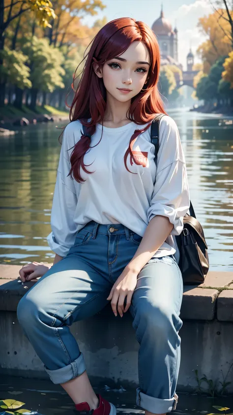 digital art, (girl, red_hair, flowers, baggy jeans, white shirt, discreet smile, cute look), (sitting on a bench, river in the b...