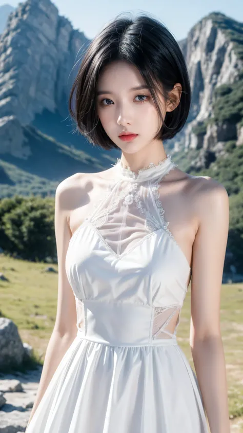 best quality, 1 Girl, dark blue hair, black eyes, Very short hair, Spiky hair, wears sweet white dress luxury，A cropped dress, 171 cm, Messy hair, Hair between the eyes, Tomboy, aldult, 20 years old, A sweet girl by the mountain