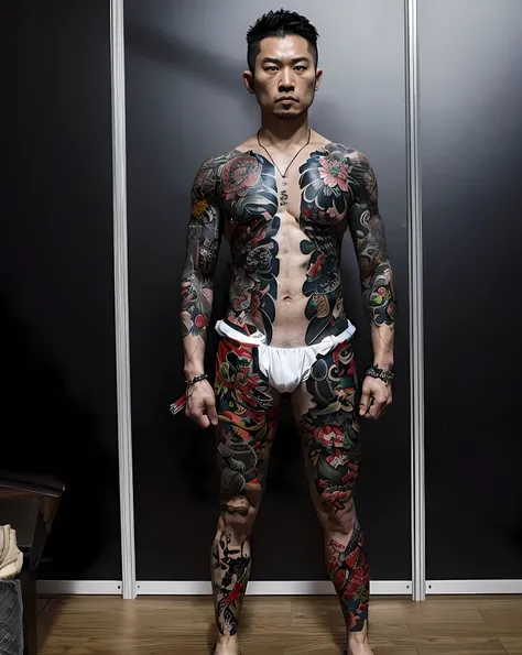 a muscular japanese man with short hair, angry expression, full-body yakuza tattoos, topless, wearing white underwear, holding a japanese long sword, in a traditional japanese art room background, full body photo