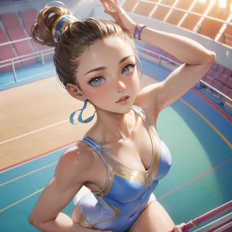  masterpiece, (textured skin), best quality, gorgeous beautiful girl, (a female rhythmic gymnastics athlete), detailed clothes,large breasts,narrow waist,, (beautiful face), cinematic lighting, (at rhythmic gymnastics venue ),