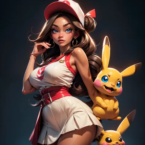 (masterpiece, best quality)), jessie, pokemon,white top with red letter R, white skirt, pikachu background,sexy,curvy body,detailed face,perfect eyes,detailed hands,hands up,light background,mix of fantasy and realistic elements,vibrant manga,uhd picture ,...