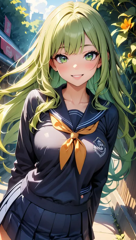 (Highest quality:1.2, 4K, 8K, Very detailed, Latest, Vibrant, High detail, masterpiece:1.2, Highest quality, Best aesthetics), (((1 Girl))), JK, Sailor suit, Pleated skirt, Open your mouth slightly:1.2, smile, (Green Hair, Long Hair), Dynamic Angle, Friend...