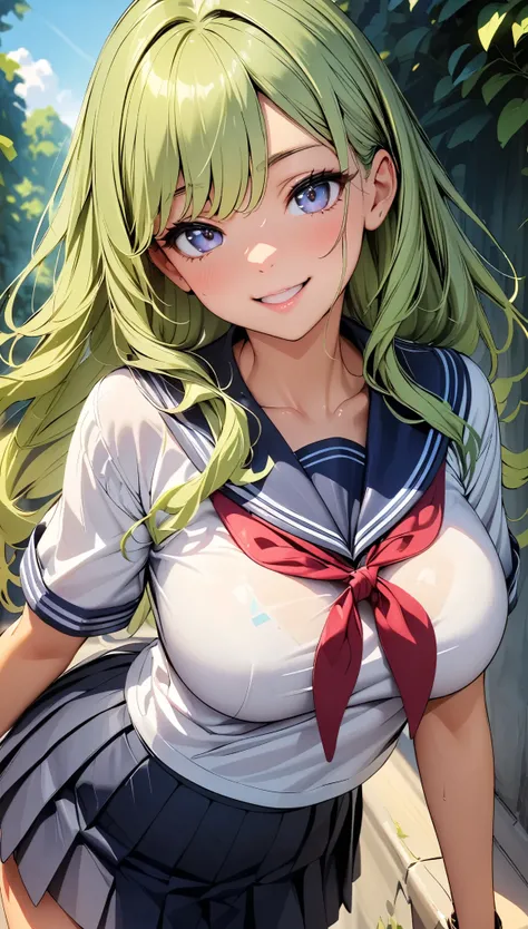 (Highest quality:1.2, 4K, 8K, Very detailed, Latest, Vibrant, High detail, masterpiece:1.2, Highest quality, Best aesthetics), (((1 Girl))), JK, Sailor suit, Pleated skirt, Open your mouth slightly:1.2, smile, (Green Hair, Long Hair), Dynamic Angle, Friend...