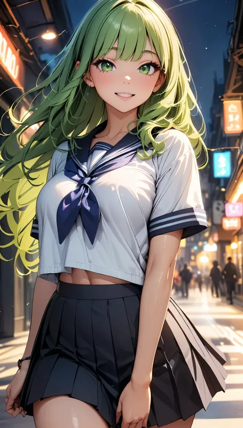 (Highest quality:1.24K, 8K, Very detailed, Latest, Vibrant, High detail, masterpiece:1.2, Highest quality, Best aesthetics), (((1 Girl))), JK, Sailor suit, Pleated skirt, Open your mouth slightly:1.2, smile, (Green Hair, Long Hair), Dynamic Angle, Friendly...