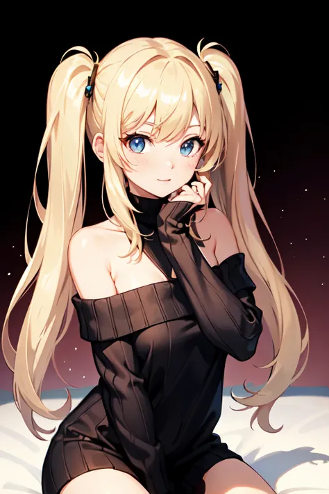 ((Highest quality)), ((masterpiece)), (detailed), One girl, Off-the-shoulder sweater, Blonde、Twintails、　