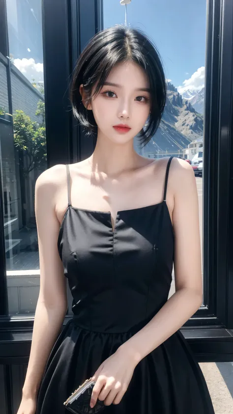 best quality, 1 Girl, dark blue hair, black eyes, Very short hair, Spiky hair, wears sweet black dress luxury，A cropped dress, 171 cm, Messy hair, Hair between the eyes, Tomboy, aldult, 20 years old, A sweet girl by the mountain