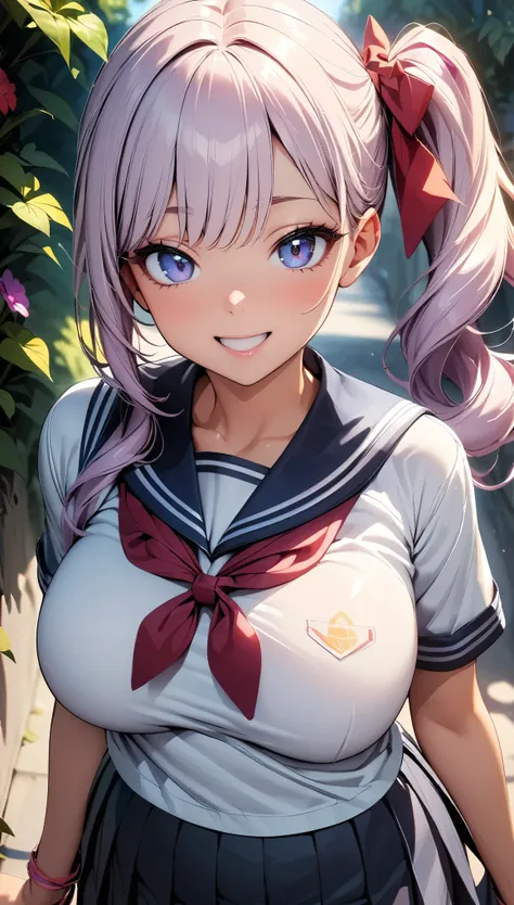 (Highest quality:1.2, 4K, 8K, Very detailed, Latest, Vibrant, High detail, masterpiece:1.2, Highest quality, Best aesthetics), (((1 Girl))), JK, Sailor suit, Pleated skirt, Open your mouth slightly:1.2, smile, (Light purple hair, Voluminous side ponytail),...