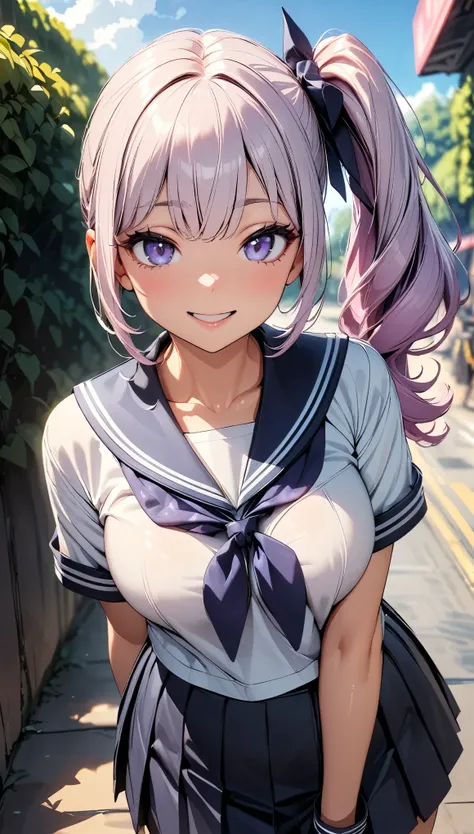 (Highest quality:1.2, 4K, 8K, Very detailed, Latest, Vibrant, High detail, masterpiece:1.2, Highest quality, Best aesthetics), (((1 Girl))), JK, Sailor suit, Pleated skirt, Open your mouth slightly:1.2, smile, (Light purple hair, Voluminous side ponytail),...