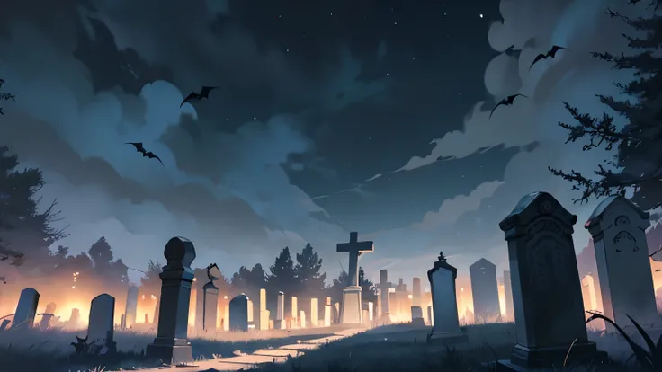 Anime scene of a dark black night gloomy graveyard with a cemetery and bats flying in the night black sky at night fantasy with a person standing and looking at the sky