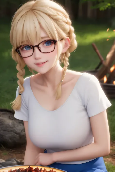 1girl,cute,Short white t-shirt, plain t-shirt, blue short skirt,Ruffled skirt,very big breasts, blonde hair, blue eyes, bangs, medium hair, two braids, glasses,Sit by the campfire, smile, blush,at night,vibrant colors,close up photo, colorful art style, so...