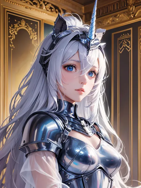 ((Highest quality)),(Ultra-high resolution),(Ultra-detailed new),(Detailed Description),((The best CG)),(masterpiece),Highly detailed art,A wonderful new art form,(Art with precise details:1.5), (Female Knight:1.5),(Unicorn Head Helmet:1.5)