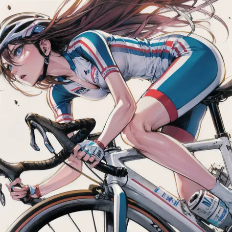  masterpiece, (textured skin), best quality, gorgeous beautiful girl, (a female cycling athlete), detailed clothes,large breasts,narrow waist,, (beautiful face), cinematic lighting, (at cycling venue ),