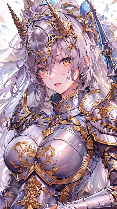 ((Highest quality)),(Ultra-high resolution),(Ultra-detailed new),(Detailed Description),((The best CG)),(masterpiece),Highly detailed art,A wonderful new art form,(Art with precise details:1.5), (Female Knight:1.5),(Unicorn Head Helmet:1.5),(Armor with int...