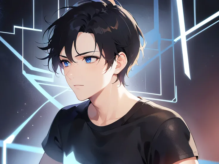 Detailed CG,Ultra-fine illustrations,masterpiece,Highest quality,Shiny skin,BREAK(26 year old male:1.5)BREAK,(Black Short Hair),(blue eyes),(Black T-shirt),side angle,(looking away:1.5),Background is a park at midnight,Alone