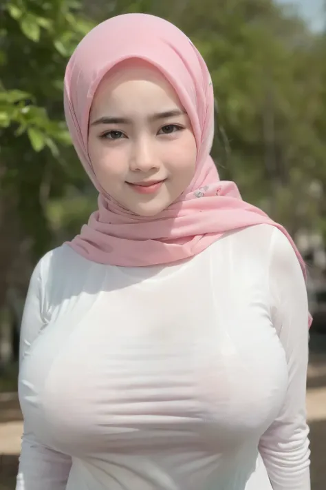 Chubby adorable, 1 girl, (face to face), 10 years old, baby face, happy, half body portrait, (face details: 1), (eye details: 1), ((big breasts)). wearing transparent transparency softpink long shirt, hijab, .. Cute posed. proportional body. Ultra High Res...