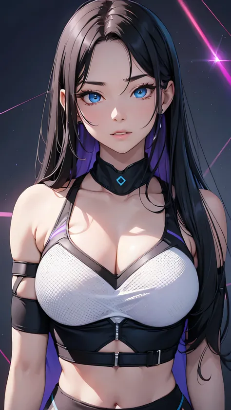 最high quality、Best image quality、masterpiece、With a girl((cute、20-year-old、Best Bust、Medium Bust、Bust 85,Beautiful Blue Eyes、Spread your chest wide,Long black hair、Slender、The middle knot、Black sports bra、White short skirt,Show the whole body、Black perfora...