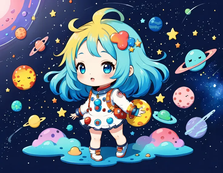 Mika Pikazo style、Kawaii Design, The most beautiful girl of all time、chibi, (((Cute and colorful amoeba))), (((Space Exploration)))