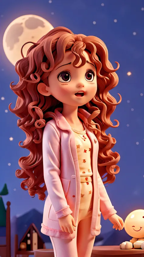 a  with curly hair yawning and star-patterned pajamas and her friends gazing at the moon at night, full of hope. 