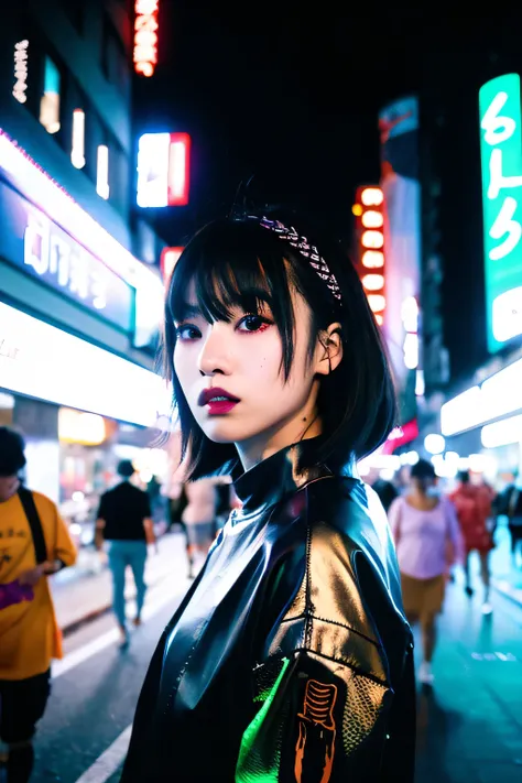 Photorealistic 3D portrait Samurai Alien Mech Angels in Goth Folk Kawaii Festival Raver outfit in DMT black Light Neon Fashion Street Tokyo city Night 35mm film, Akira Anime.