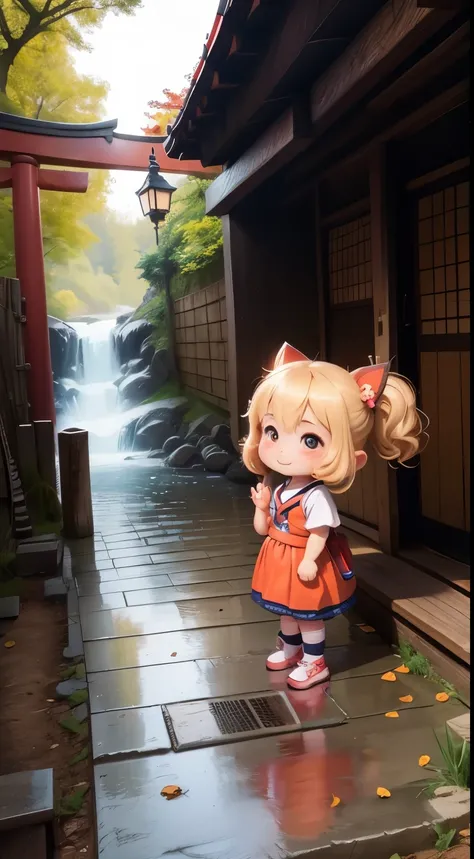 Create a loli baby chibi version of the Alice character in an 8K resolution.  By Cartoon picture book of background is a Fushimi Inari-taisha Shrine in Japan, with many red torii gates, Its sunny, Detailed eyes, clear outlines, kawaii pose, A smile, Raise ...