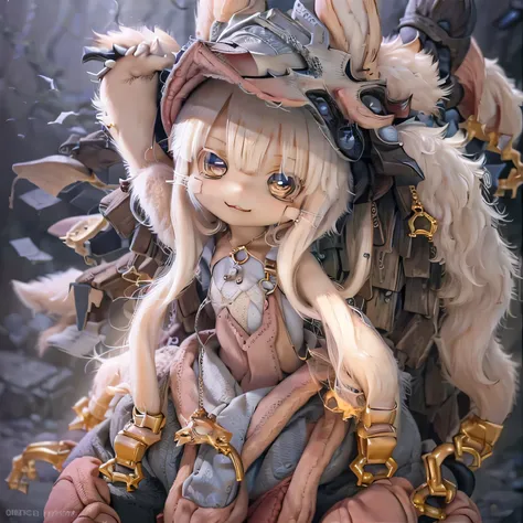 in the garden, smiling girl, similar to nanachi from made in abyss. she is beautiful, beautiful eyes and lips. girl (((chibi sty...