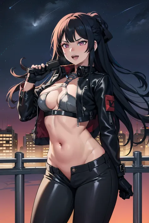 ak12, 1girl,  black hair, medium breasts, bangs, open eyes, long hair, blush, lipstick,, outdoors, rooftop, cityscape, building, railing, night, night sky, scenery, moon, city lights, gloves,  masterpiece, best quality, highly detailed, a girls with a gun,...