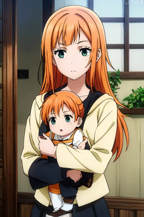 orange hair, green eyes, black skirt, cream coat, pink lips. she is holding a baby with orange hair and brown dress