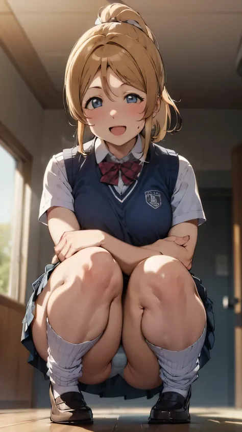 from front,focus on panties,fine underwear,black panty,flat chest
,BREAK,
eri ayase, blue eyes, blonde hair, ponytail, scrunchie,
BREAK skirt, bow, , socks, plaid, kneehighs, plaid skirt, sweater vest, summer uniform, otonokizaka school_uniform,
,BREAK, 
(...