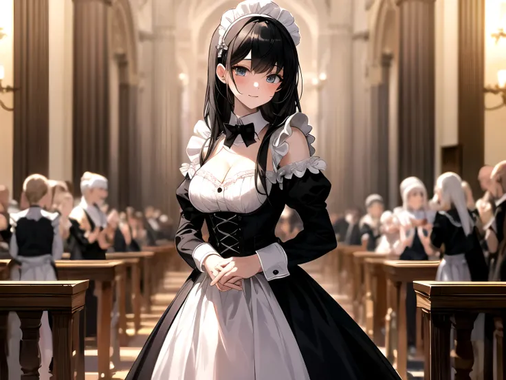 a pretty maid girl, black hair, black maid uniform, Great hall of the castle, masterpiece, (high quality), cleavage