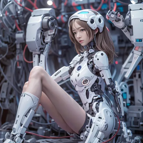 masterpiece, highest quality(:1.2), Very detailed, Japanese Android Girl,slender,Control panel,Mechanical Hand,Robotic arms and legs, Blunt bangs,(A white robot body with lots of exposed skin:1.4), ((Ceramic body with many gaps that allow you to see the fl...