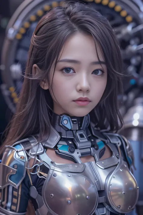 (RAW quality:1.4), Wide-angle shot, 1 female, Mecha, Sparkling blue eyes, 15 years old, Japanese, Very embarrassed look, (Realistic:1.37), バイオMechaニカル, Complex robot, Cleavage, (Bare skin is exposed from under the chest to the lower abdomen.:1.4), Spaceshi...