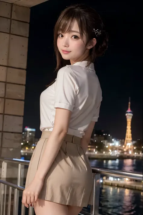 SFW, 
Outside, 
((porttower)), kaiyomuseum, [water reflection, city lights, neon lights], 
Water Front, Stainless Roundbar Deck, 
Perfectly anatomically correct, 
1 Japanese Girl, Hair Bun, Wide-Set Eyes, Pale Skinned, Bashfully, Blush, 17-Year-Old, Open M...