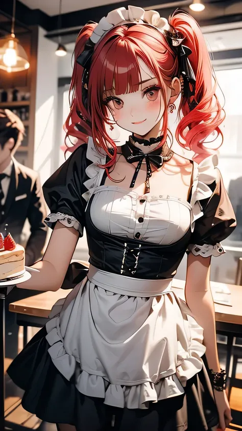 ((masterpiece,Highest quality)),The place is a coffee shop,One girl,Beautiful attention to detail, Detailed face, The waitress is bringing the cake to the table, Red hair twin tails, Kind Face, A strawberry-inspired half-gothic lolita and half-maid costume...