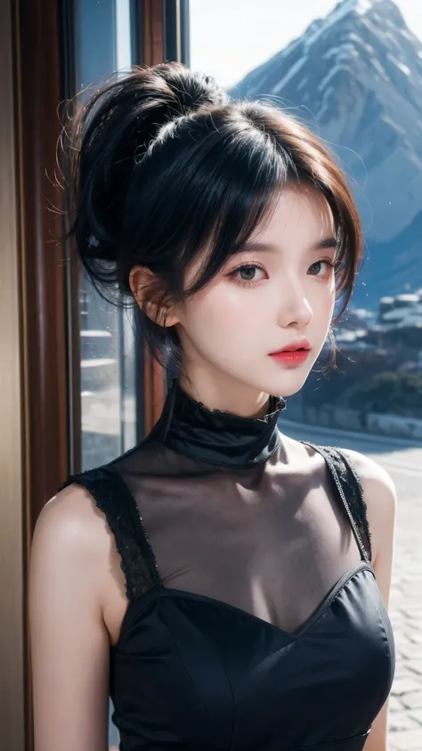 best quality, 1 Girl, dark blue hair, black eyes, Very short hair, Spiky hair, wears sweet red red dress luxury，A cropped dress, 171 cm, Messy hair, Hair between the eyes, Tomboy, aldult, 20 years old, A sweet girl by the mountain