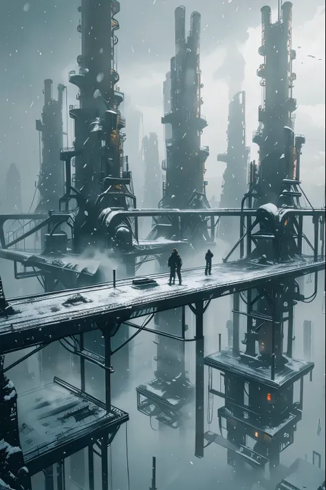 wasteland, scenery, building, snowing, outdoors, city, science fiction, standing, sky, fog, solo, bridge, 1boy,