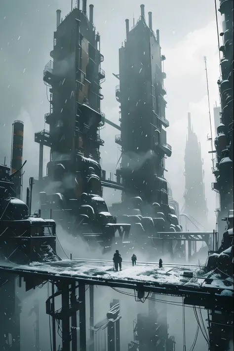 wasteland, scenery, building, snowing, outdoors, city, science fiction, standing, sky, fog, solo, bridge, 1boy,