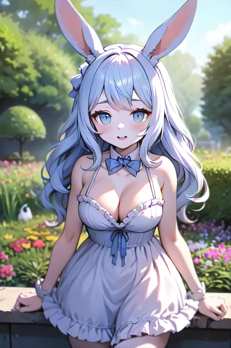 hairy， detail, mid Breasts,
frilly dress,The cheeks are flushed，rabbit，Garden，Do not show cleavage