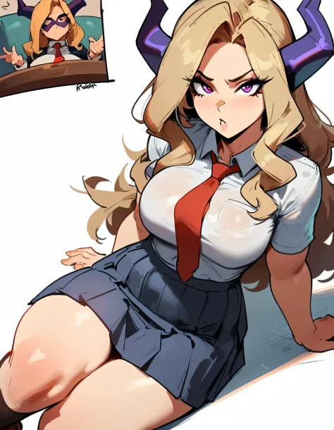 1girl, mount lady, boku no hero academia  masterpiece, best quality, very aesthetic, absurdres, newest  sportive body,    by dodok, nyantcha, cutesexyrobutts, by khyle ///// blonde, purple eyes,  (school uniform:1.2), skirt, , 24 years old, white backgroun...