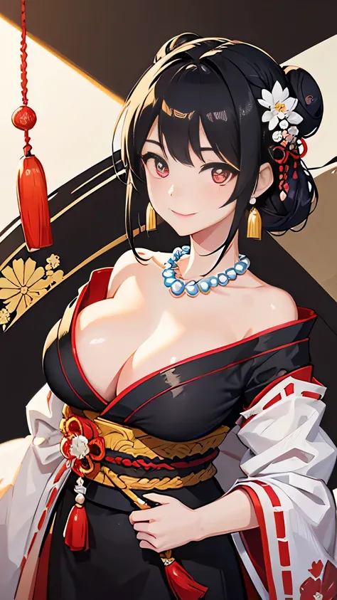 black hair, hair bun, kanzashi, eye reflection, earrings, light smile, bright pupils, anime style, first-person view, textured skin, masterpiece, high details, best quality, wearing traditional Japanese costume, large breasts, floral embroidery, Japanese s...