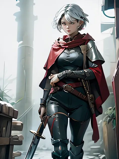 Little Red Riding Hood grew up to be a witcher，Holding a silver sword in his hand，Wearing tights，Cold personality，Wearing a sawed-off shotgun，Wearing long boots，A pair of arm armor，There is a cross pattern on the arm armor，A cross necklace around the neck，...