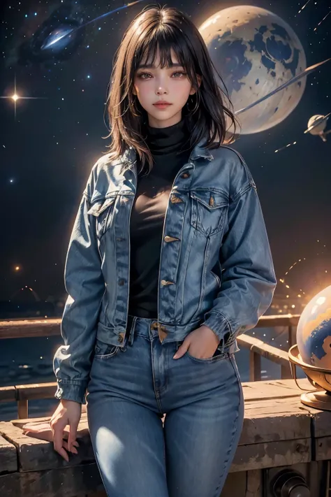 A beautiful woman. Twenty years old. Dark brown hair. Her bangs are down. Beautiful double eyes. The bridge of my nose. Well-shaped lips. She is looking at the camera with a defiant expression. She is wearing blue jeans as a jacket. Behind her is an image ...